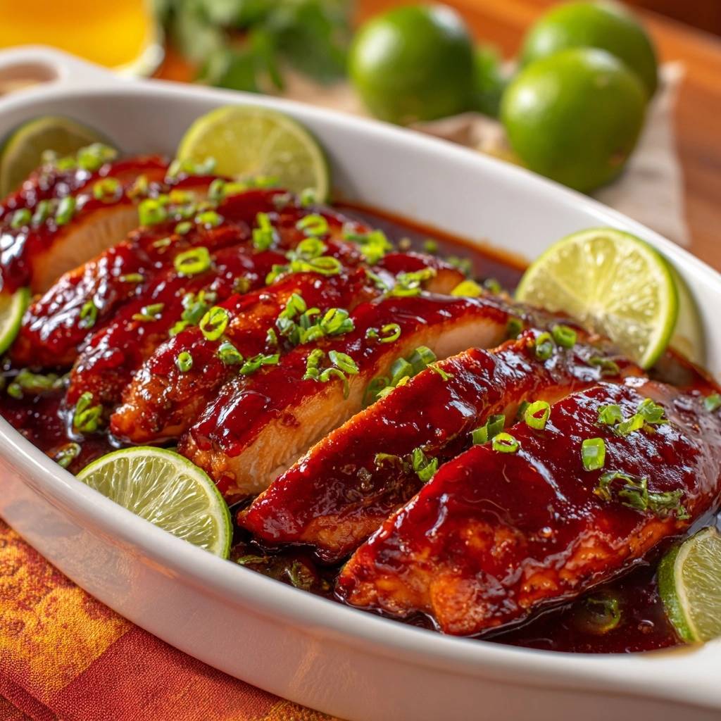 Limetten-Teriyaki-Hähnchen, saftig angeschnitten und mit Limettenscheiben und Frühlingszwiebeln garniert serviert.