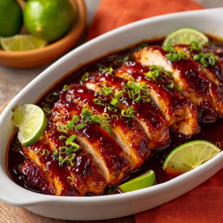 Limetten-Teriyaki-Hähnchen, saftig angeschnitten und mit Limettenspalten garniert in einer Teriyaki-Sauce.