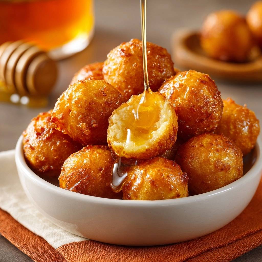 Loukoumades Honig Tropft In Querschnitt 1 Loukoumades – knusprige Honigbällchen, bei denen Honig in ein aufgeschnittenes Bällchen tropft und den weichen Kern zeigt.