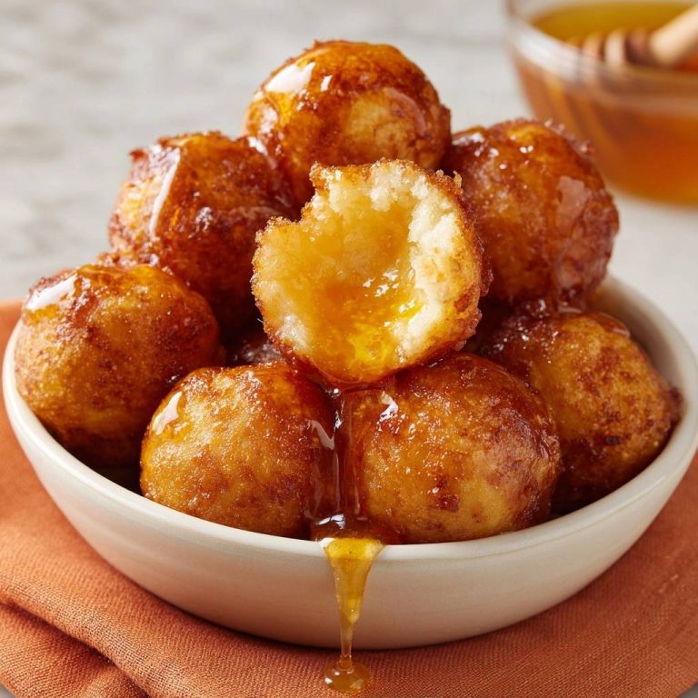 Loukoumades – Knusprige Honigbällchen, angeschnitten und mit flüssigem Honig übergossen, zeigen ihr weiches Inneres.