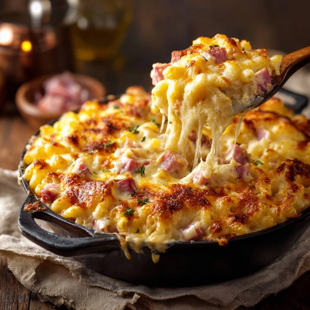 Mac and Cheese mit Schinken, mit einem Holzlöffel geschöpft, wobei der heiße Käse Fäden zieht.