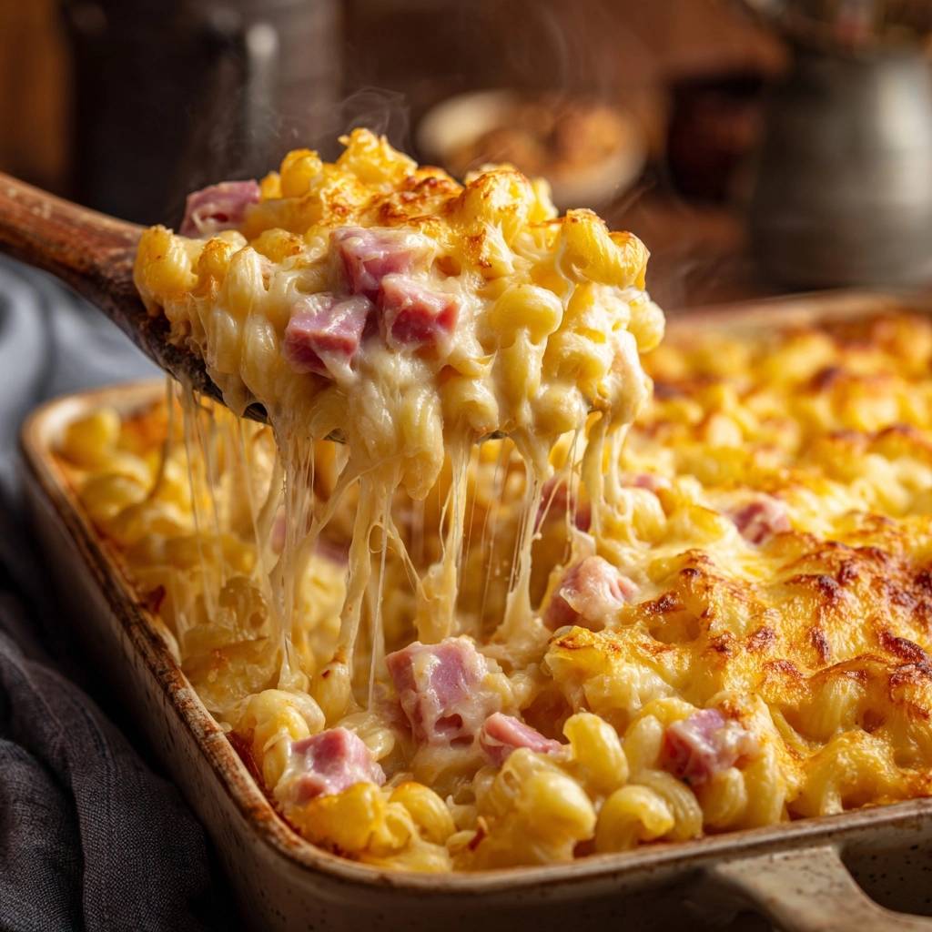 Mac And Cheese Mit Schinken Kse Zieht Fden 1 Mac and Cheese mit Schinken, wie ein Holzlöffel cremige Nudeln mit geschmolzenem Käse heraushebt, der Fäden zieht.