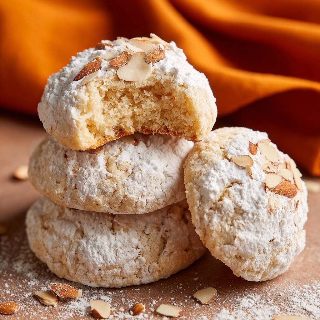 Mandelschneeball-Kekse angeschnitten mit Mandeln und Puderzucker bestäubt, zeigen sie eine luftige Textur.
