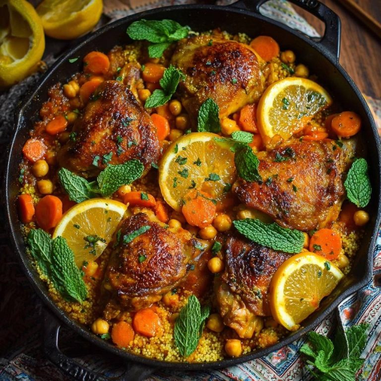 Marokkanischer Hähnchen-Couscous mit Orange & Kichererbsen, appetitlich in einer Pfanne serviert mit frischen Orangenscheiben und Minze.