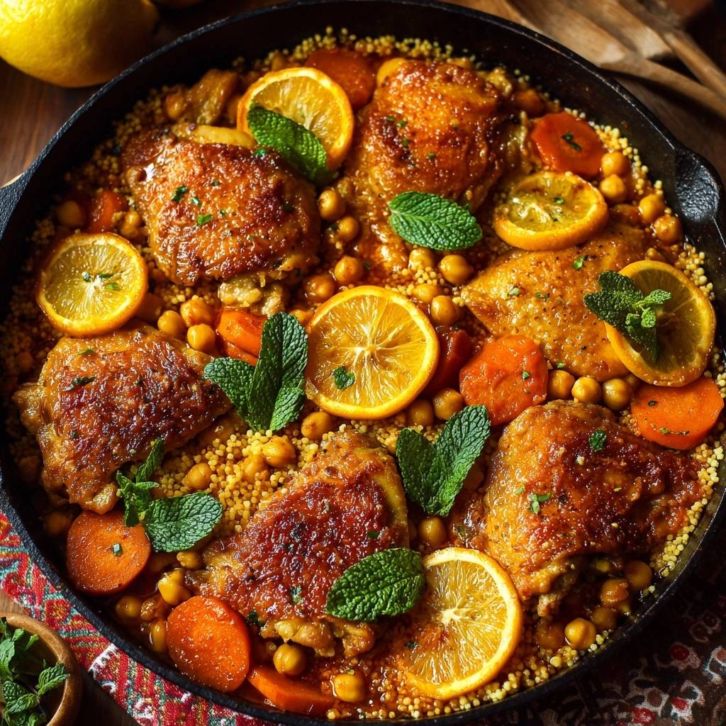 Marokkanischer Haenchen Couscous Nahaufnahme Garniert 1 Marokkanischer Hähnchen-Couscous mit Orange & Kichererbsen, detailreiche Nahaufnahme mit frischer Minze garniert
