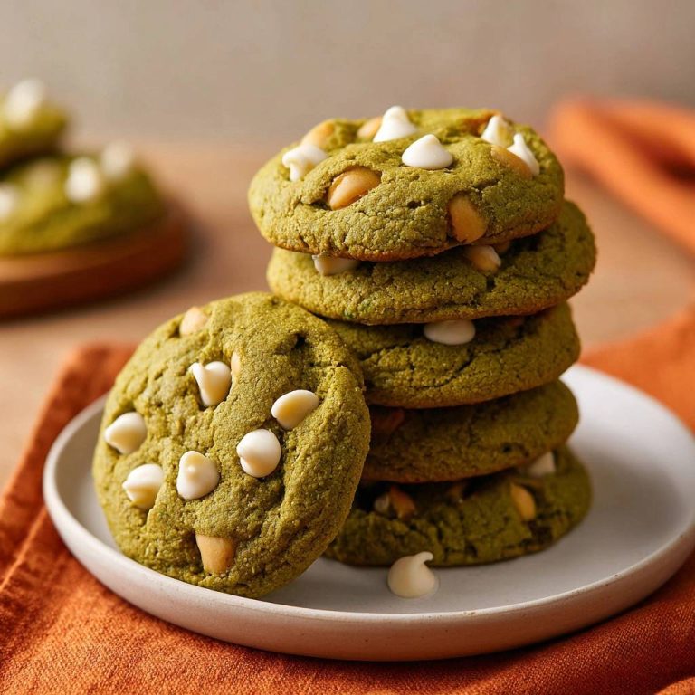 Matcha-Cookies mit White Chocolate und Erdnüssen, gestapelt auf einem Teller in einer Nahaufnahme mit Fokus auf die Textur.