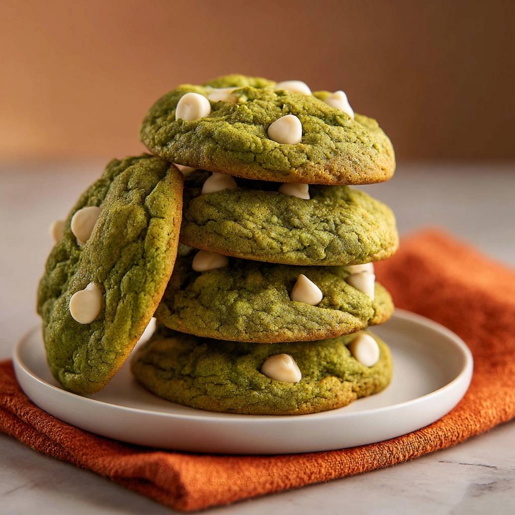 Matcha Cookies White Chocolate Erdnuessen Stapel Auf Teller 1 Matcha-Cookies mit White Chocolate & Erdnüssen als Stapel auf einem Teller mit einem orangefarbenen Tuch arrangiert.