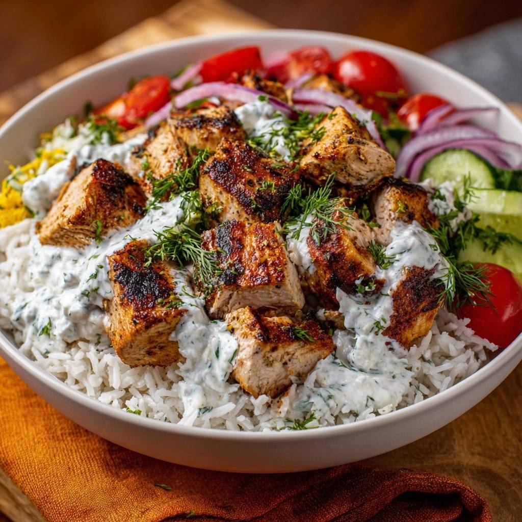 Mediterrane Hahnchen Bowl Detail Mit Sauce 1 Mediterrane Hähnchen-Bowl mit Reis, gegrilltem Hähnchen und Joghurtsoße, detailreiche Nahaufnahme der Garnitur.
