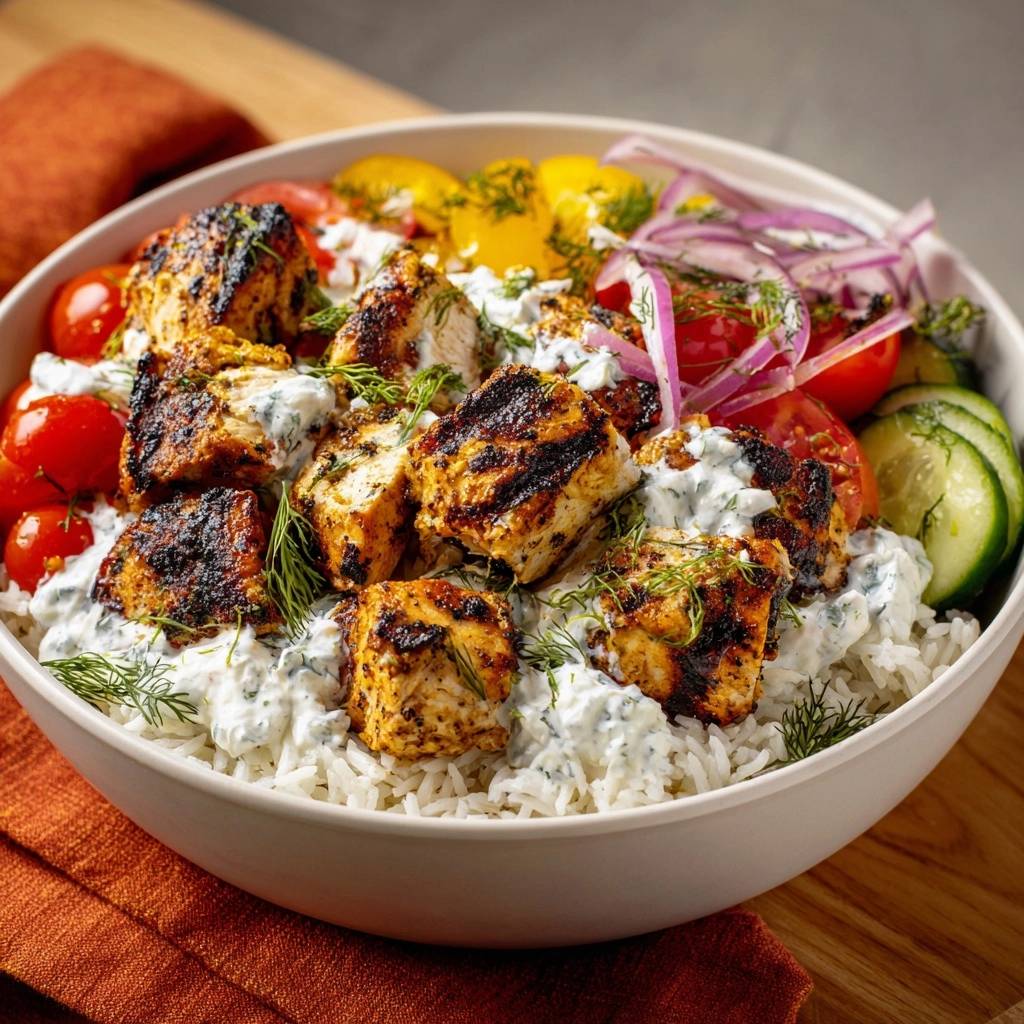 Mediterrane Hähnchen-Bowl mit Reis und Joghurt-Dressing, garniert mit frischen Kräutern und Gemüse.