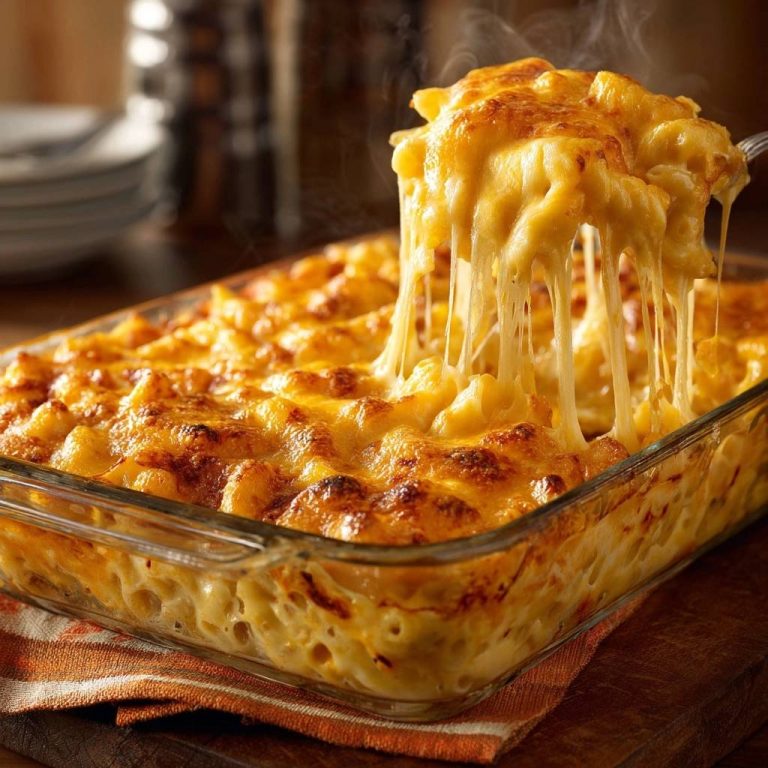 Cremiges Ofen-Mac and Cheese Rezept mit geschmolzenem Käse, der auf einer Gabel hochgezogen wird.