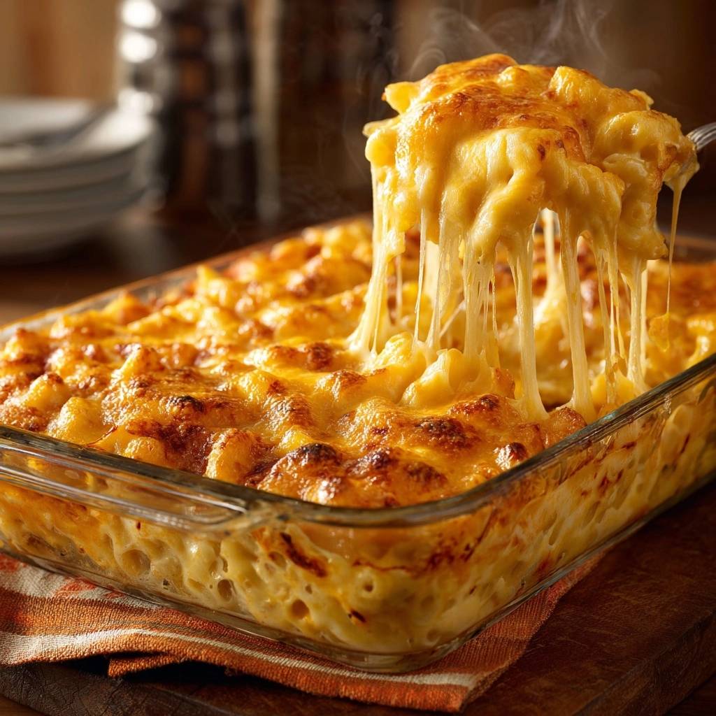 Cremiges Ofen-Mac and Cheese Rezept mit geschmolzenem Käse, der auf einer Gabel hochgezogen wird.