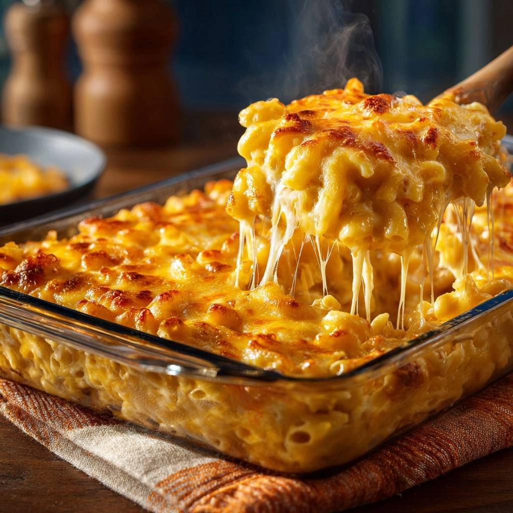 Cremiges Ofen-Mac and Cheese Rezept, das heiss mit geschmolzenem Käse aus einer Auflaufform geschöpft wird.