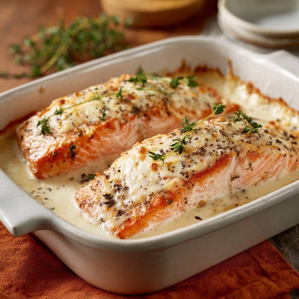 Cremiger Ofenlachs mit Feta-Thymian-Kruste im Keramik-Auflauf mit frischem Thymian garniert.