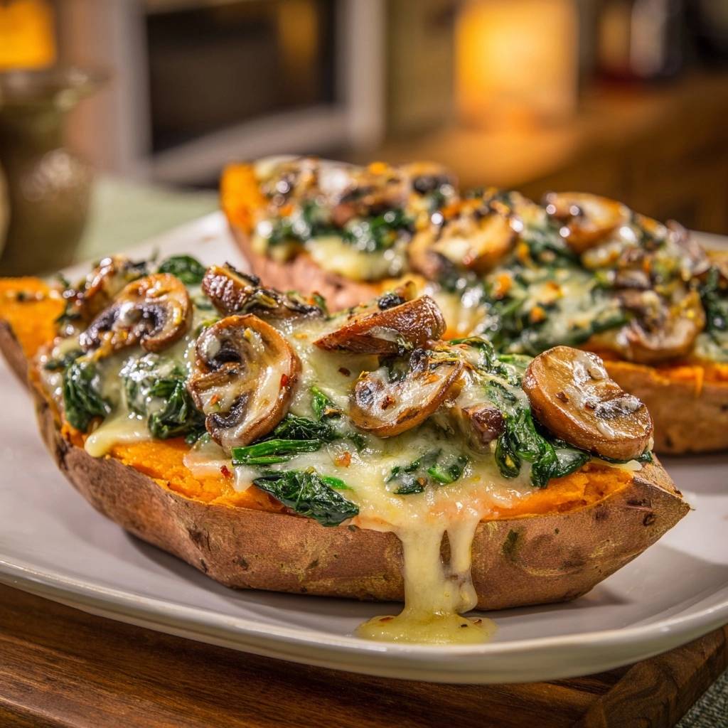 Cremig gefüllte Ofensüßkartoffeln mit Pilzen und Spinat, mit geschmolzenem Käse und gerösteten Pilzen garniert.