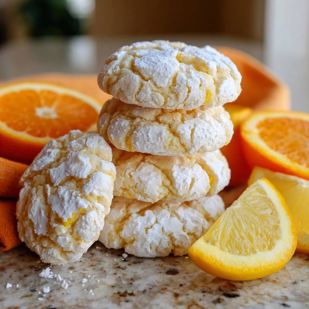 Orangen-Crinkle-Kekse, ein Stapel von vier Keksen mit Puderzucker bestäubt, mit Orangen- und Zitronenscheiben im Hintergrund.