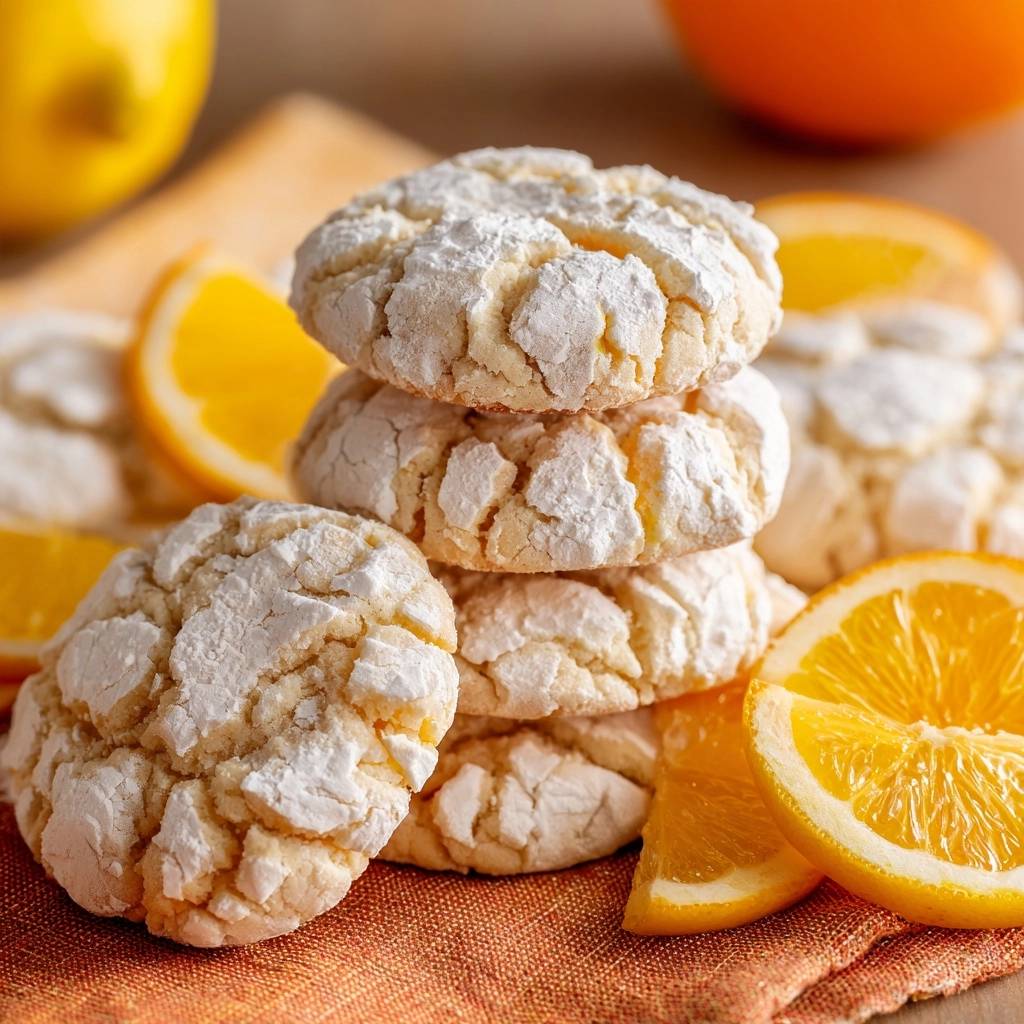 Orangen-Crinkle-Kekse in einem Stapel mit frischen Orangenscheiben und Puderzucker bestäubt.