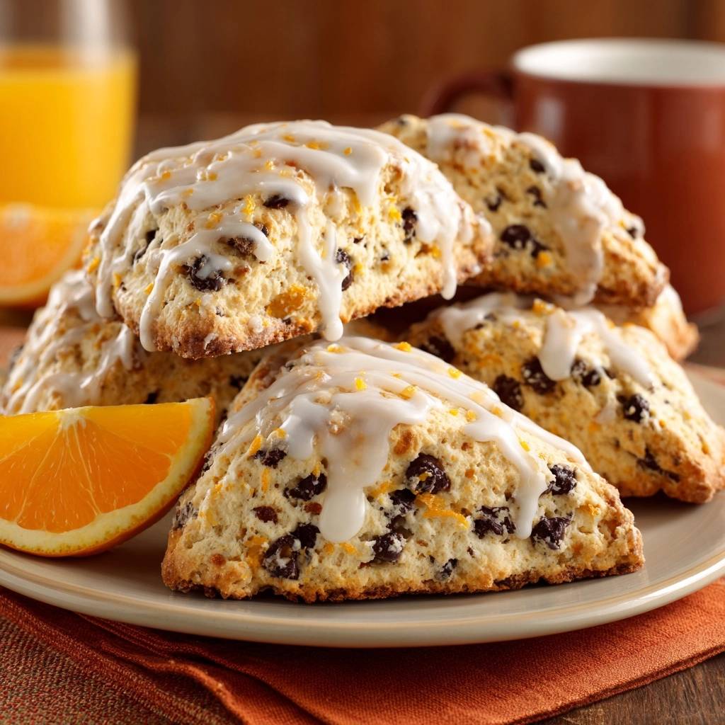 Orangenschoko-Scones mit feiner Glasur und Orangenzesten, garniert mit Orangenspalte auf einem Teller