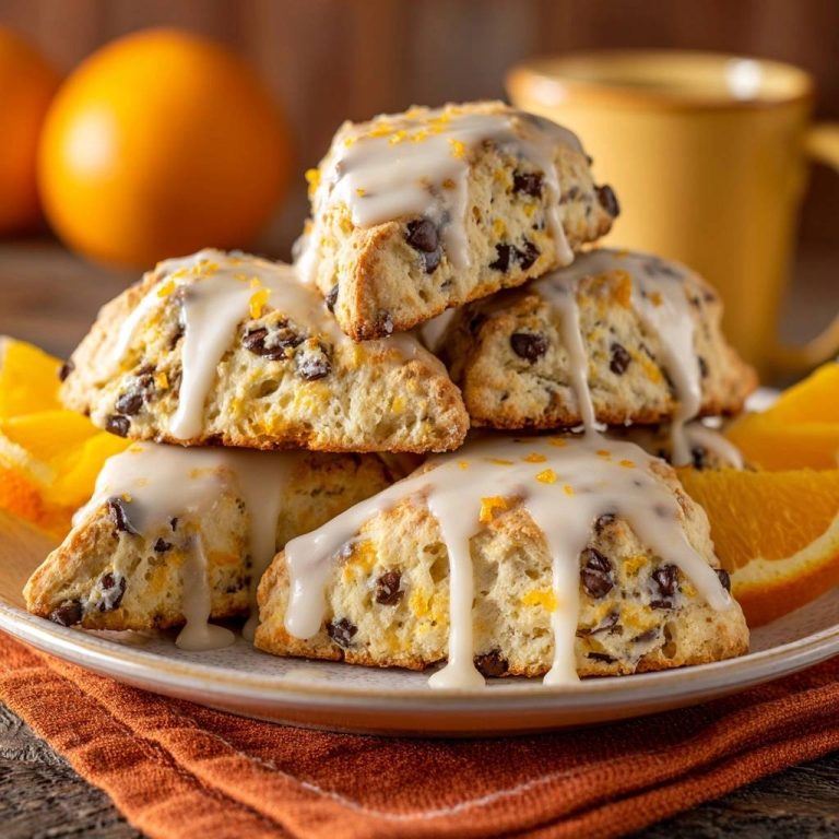 Orangenschoko-Scones gestapelt auf einem Teller, mit glänzender Glasur und Orangenzesten garniert