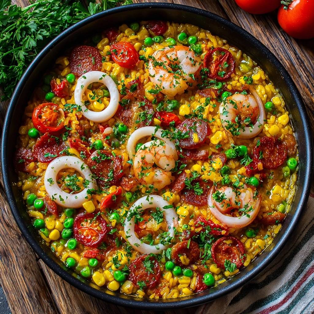 Paella mit Garnelen, Calamari und Paprikawurst als Draufsicht in einer Pfanne mit vielen Zutaten und Kräutern.