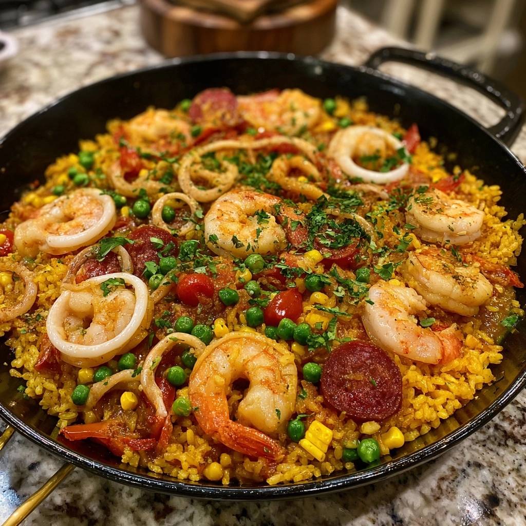 Paella Garnelen Calamari Paprikawurst Nahaufnahme 1 Paella mit Garnelen, Calamari & Paprikawurst, eine Nahaufnahme mit Fokus auf die Meeresfrüchte und Chorizo im Reisgericht.