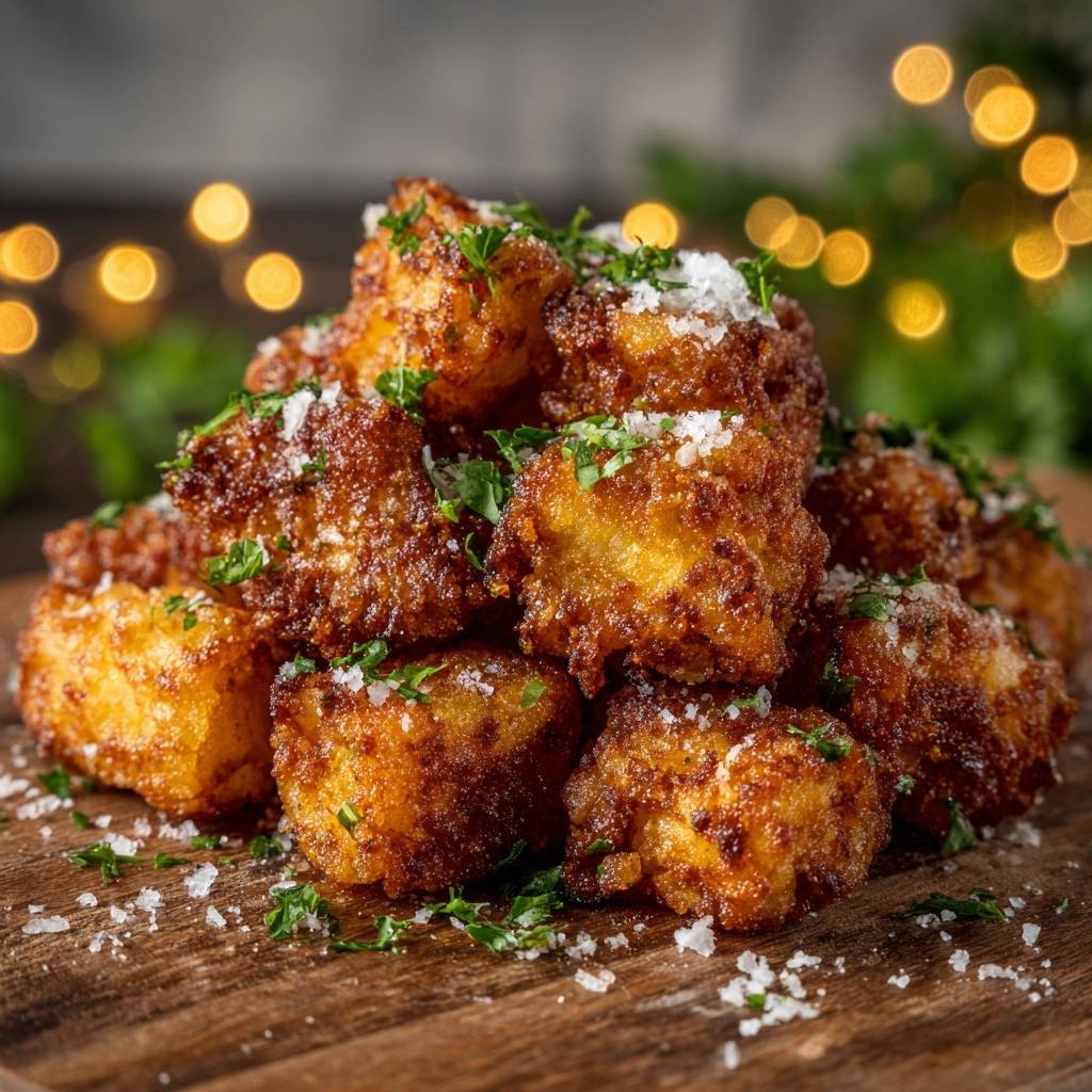 Knusprige Parmesan-Kartoffelbällchen garniert mit frischen Kräutern und grobem Salz auf einem Holzbrett