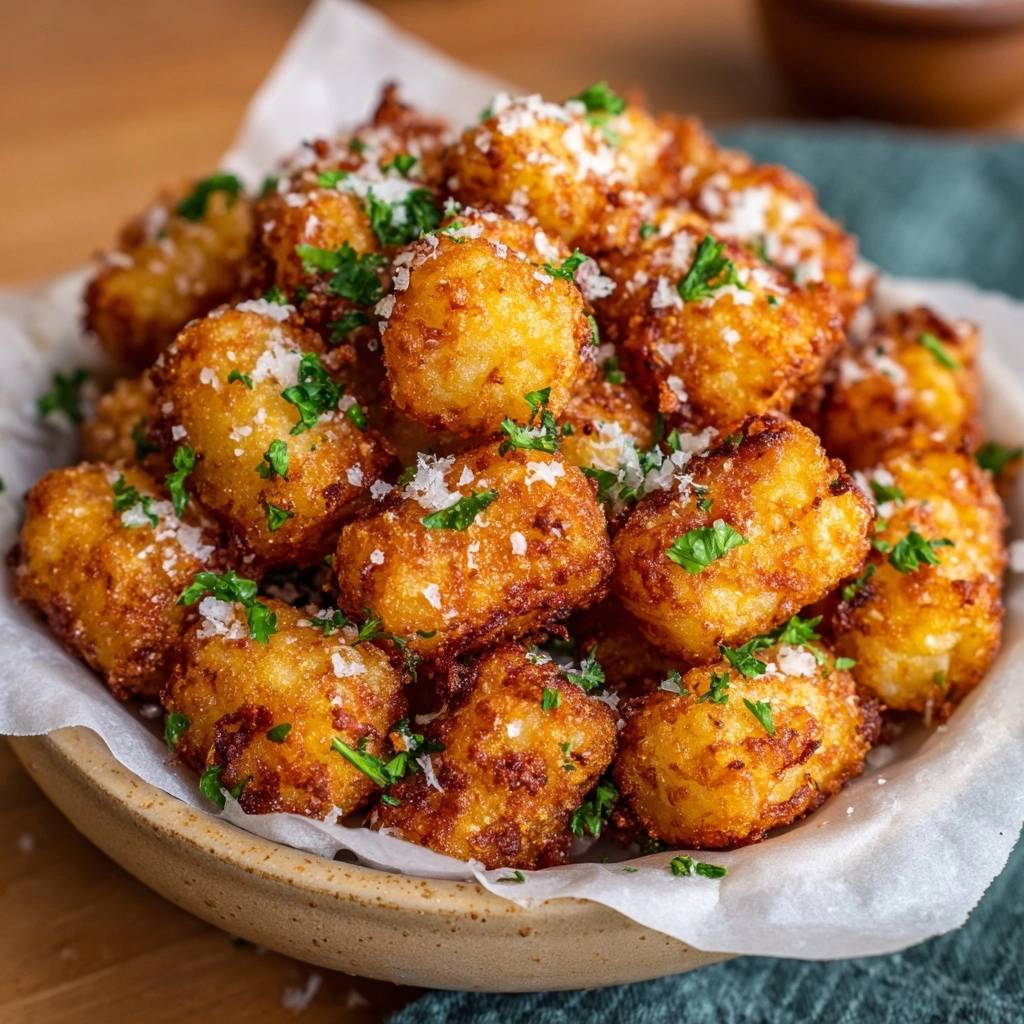 Knusprige Parmesan-Kartoffelbällchen, garniert mit frischer Petersilie und geriebenem Parmesan, in einer Schüssel serviert.
