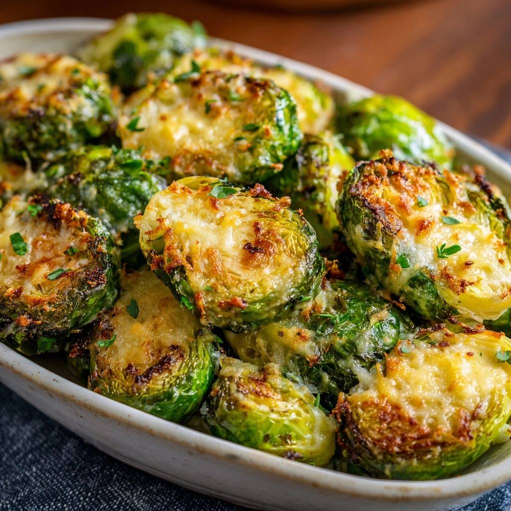 Parmesan Rosenkohl Gebacken Mit Kaese 1 Knuspriger Parmesan-Rosenkohl, im Ofen gebacken und mit geschmolzenem Käse überbacken, Nahaufnahme