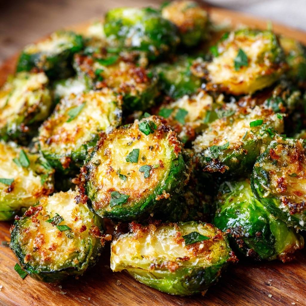 Knuspriger Parmesan-Rosenkohl als Nahaufnahme mit frischen Kräutern garniert auf einem Holzbrett serviert.