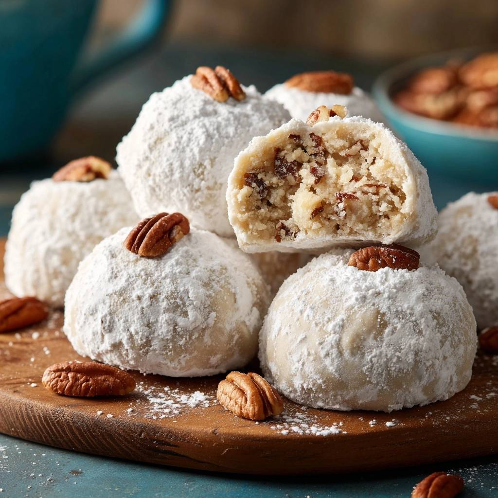 Pekannuss Schneebaellchen Querschnitt 1 Pekannuss-Schneebällchen mit Rosinen, angeschnitten, um den saftigen Teig mit Nüssen und Rosinen zu zeigen.