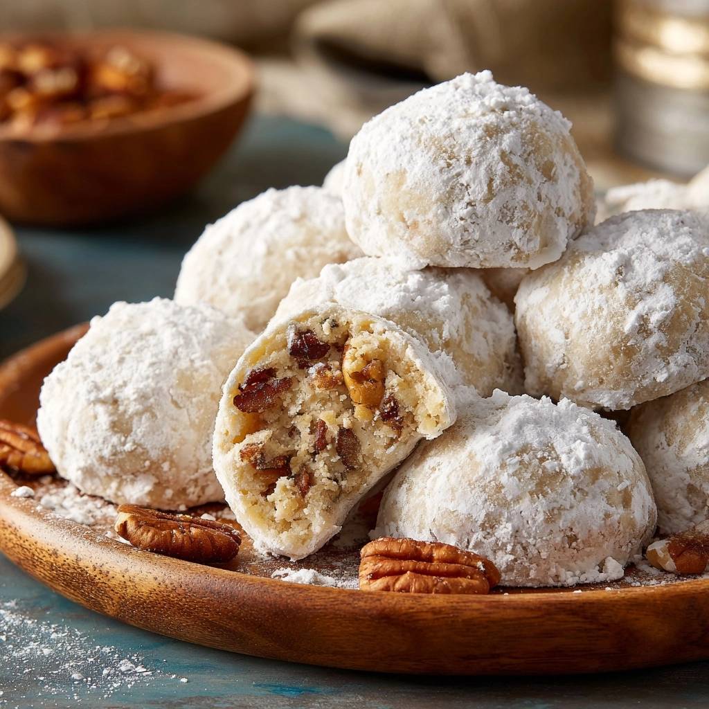 Pekannuss-Schneebällchen mit Rosinen, angeschnitten und mit Rosinen und Pekannüssen gefüllt.