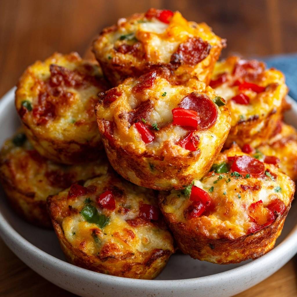Pepperoni-Paprika-Pizza-Muffins werden in einer Schüssel gestapelt, Nahaufnahme mit sichtbaren Zutaten.