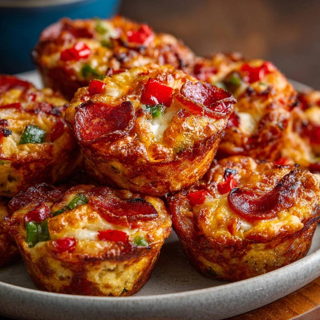 Pepperoni-Paprika-Pizza-Muffins, eine Nahaufnahme von gestapelten Muffins mit geschmolzenem Käse und Paprikastückchen.