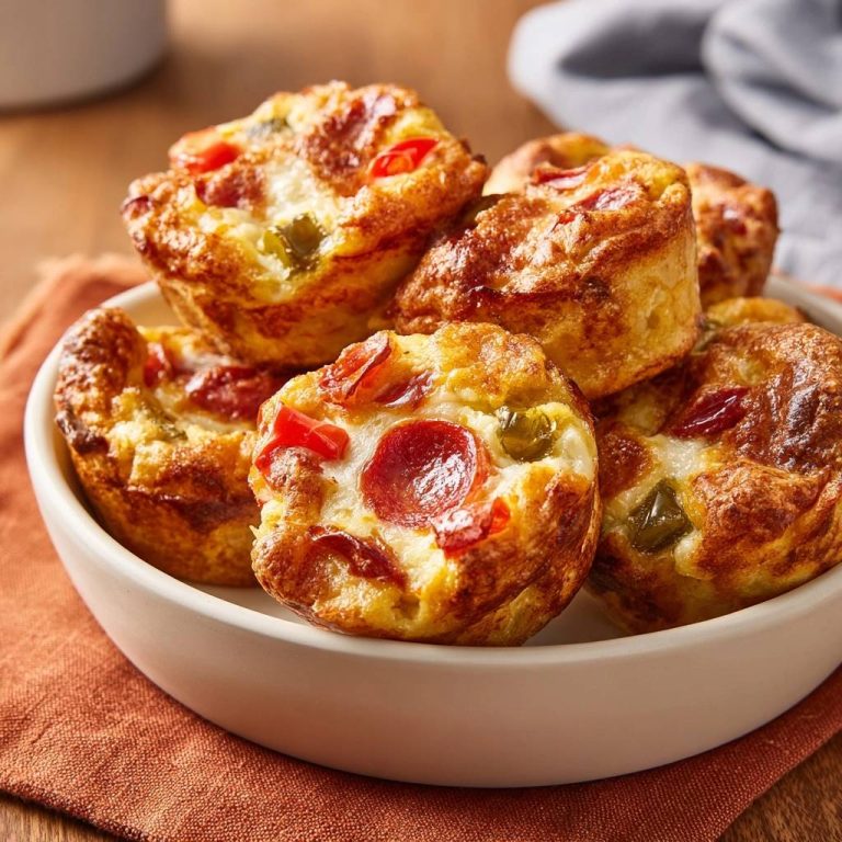 Pepperoni-Pizza-Muffins in einer weißen Schüssel, Nahaufnahme mit geschmolzenem Käse und Gemüse.