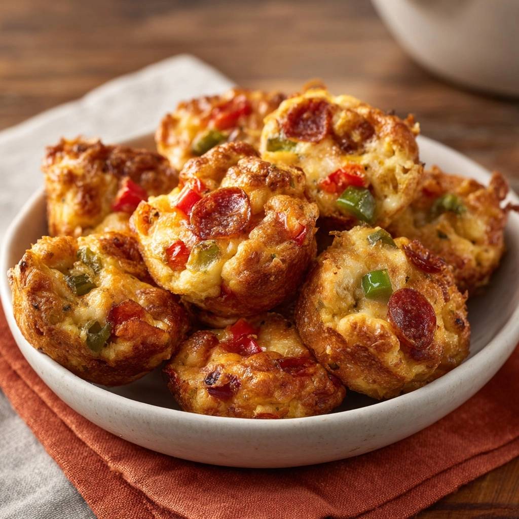 Pepperoni-Pizza-Muffins in einer Schüssel auf einem orangefarbenen Tuch serviert, Nahaufnahme des Tellers