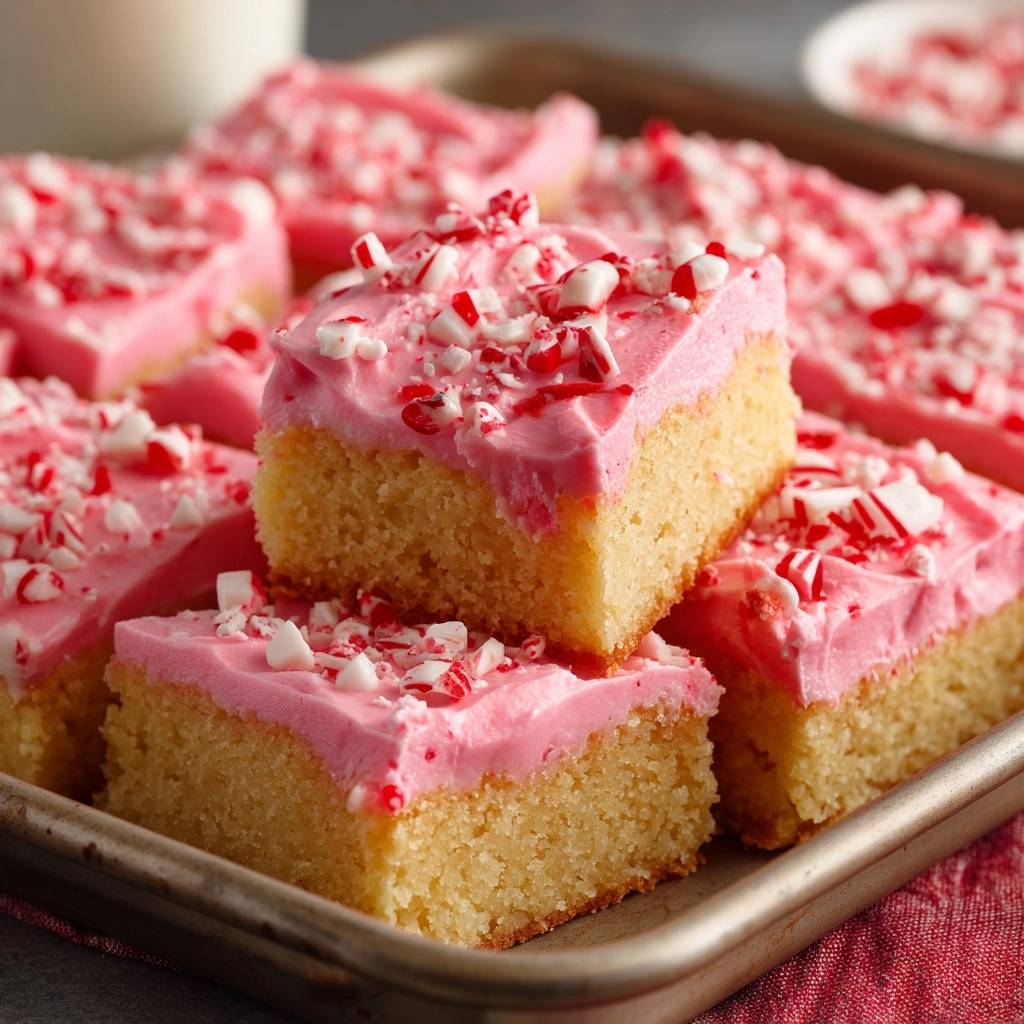 Pfefferminz-Blondies mit rosa Frosting und zerstoßenen Zuckerstangen, auf einem Blech gestapelt, Nahaufnahme.