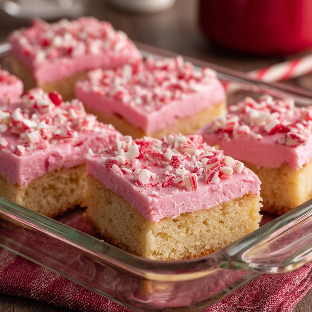 Pfefferminz-Blondies mit rosa Frosting und zerstoßenen Zuckerstangen, Nahaufnahme des saftigen Kuchens und der Dekoration.