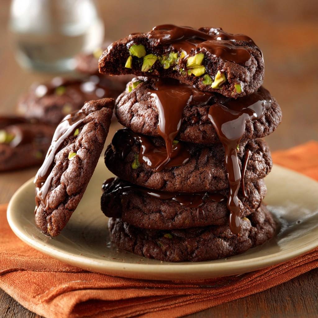 Pistazien-Schoko-Cookies mit Schokoguss, ein angeschnittener Keks zeigt seine saftige Füllung und die grünen Pistazien.
