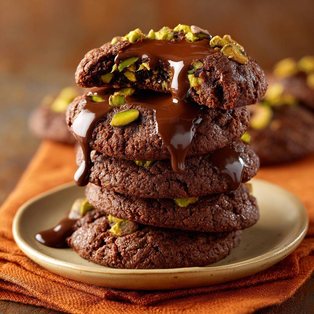Pistazien-Schoko-Cookies sind gestapelt und mit flüssiger Schokolade und Pistazien garniert, was ihre saftige Textur zeigt.
