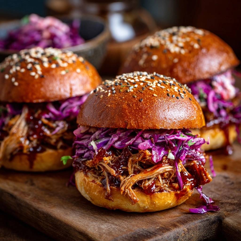 Pulled Rind Burger Nahaufnahme Rotkohl Coleslaw 1 Pulled Rind-Burger mit knackigem Rotkohl-Coleslaw, Nahaufnahme der saftigen Fleischfüllung und des bunten Krautsalats auf einem Holzbrett.