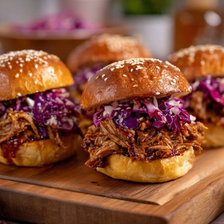 Pulled Rind-Burger mit knackigem Rotkohl-Coleslaw, Nahaufnahme auf einem Holzbrett mit mehreren Burgern im Hintergrund.