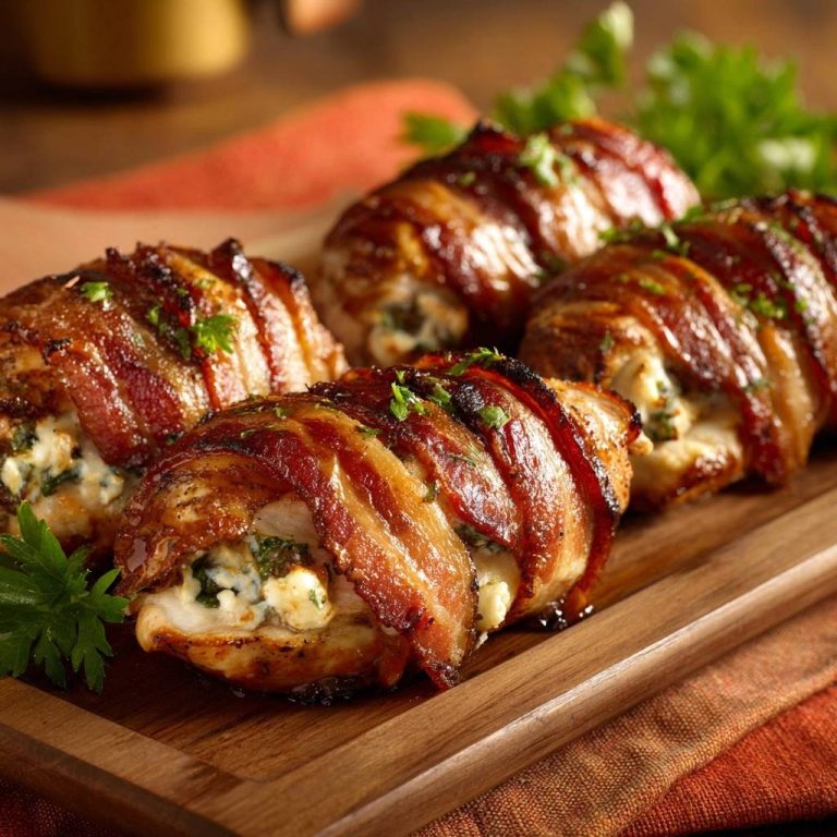 Putenbacon-gewickelte Hähnchenbrüste mit Spinat-Feta-Füllung, Nahaufnahme der gefüllten und mit Speck umwickelten Hähnchenbrust