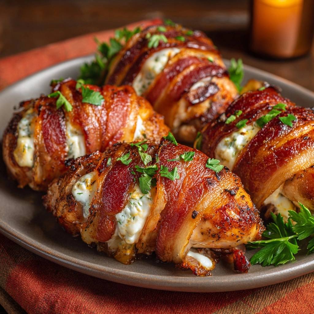 Putenbacon Gewickelte Haehnchenbrueste Detail Garniert 1 Putenbacon-gewickelte Hähnchenbrüste mit Spinat-Feta-Füllung, detailnah mit frischer Petersilie garniert auf einem Teller.