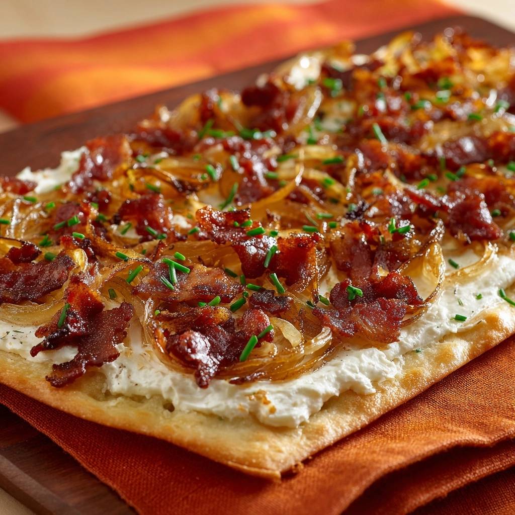 Ricotta-Flatbread mit karamellisierten Zwiebeln, Speck & Schnittlauch, garniert mit frischem Schnittlauch und Speckstücken.