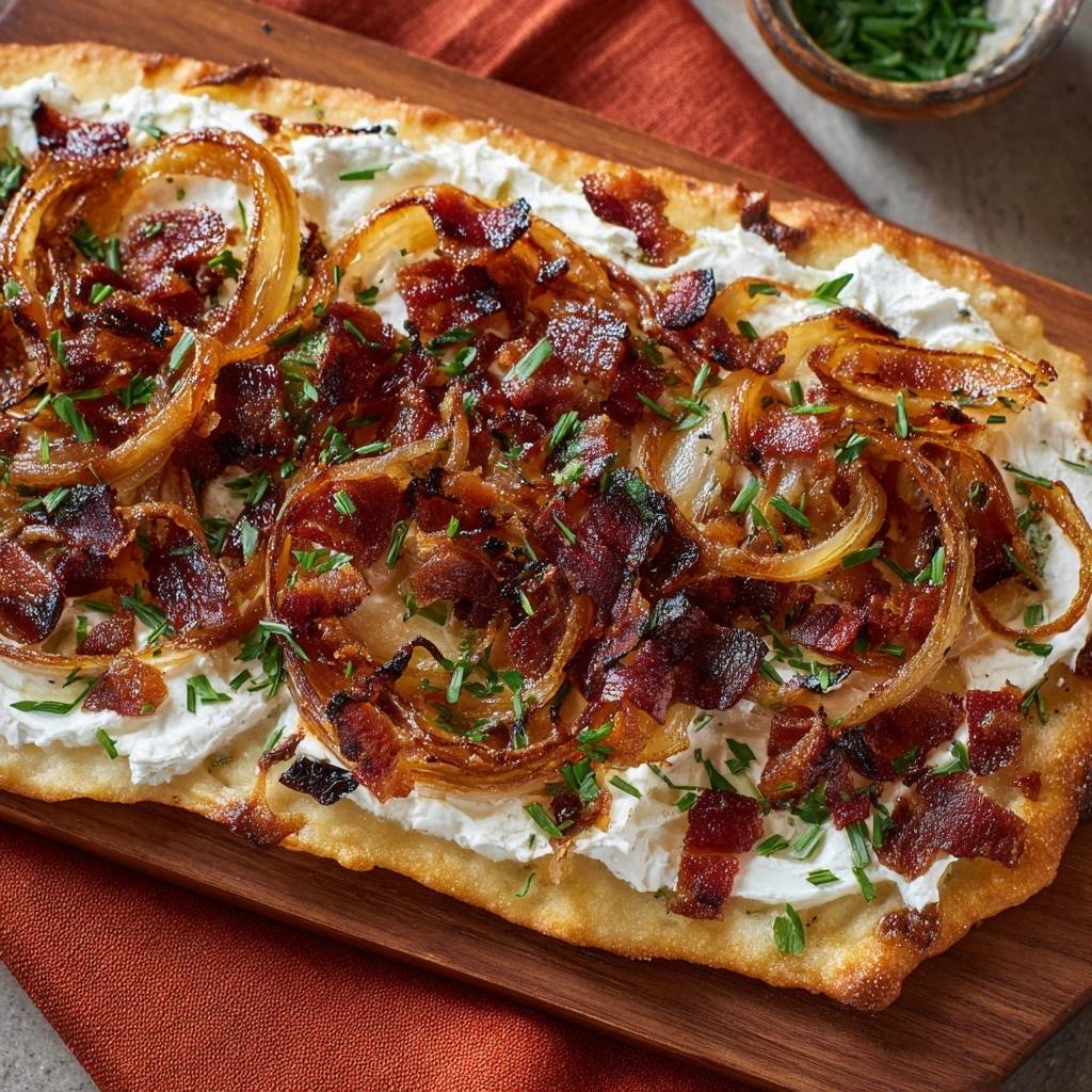 Ricotta-Flatbread mit karamellisierten Zwiebeln, Speck & Schnittlauch, detailreiche Nahaufnahme der Garnitur aus Speck und Zwiebelringen.