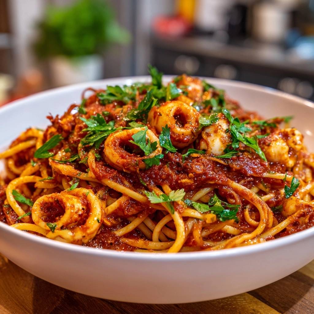 Rigatoni mit Tintenfischringen, eine Nahaufnahme des mit frischer Petersilie garnierten Gerichts in einer weißen Schüssel.