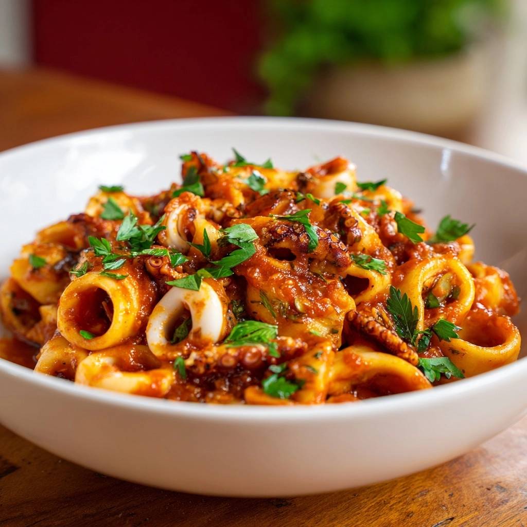 Rigatoni mit Tintenfischringen als Nahaufnahme, garniert mit frischer Petersilie und in einer roten Tomatensoße serviert.