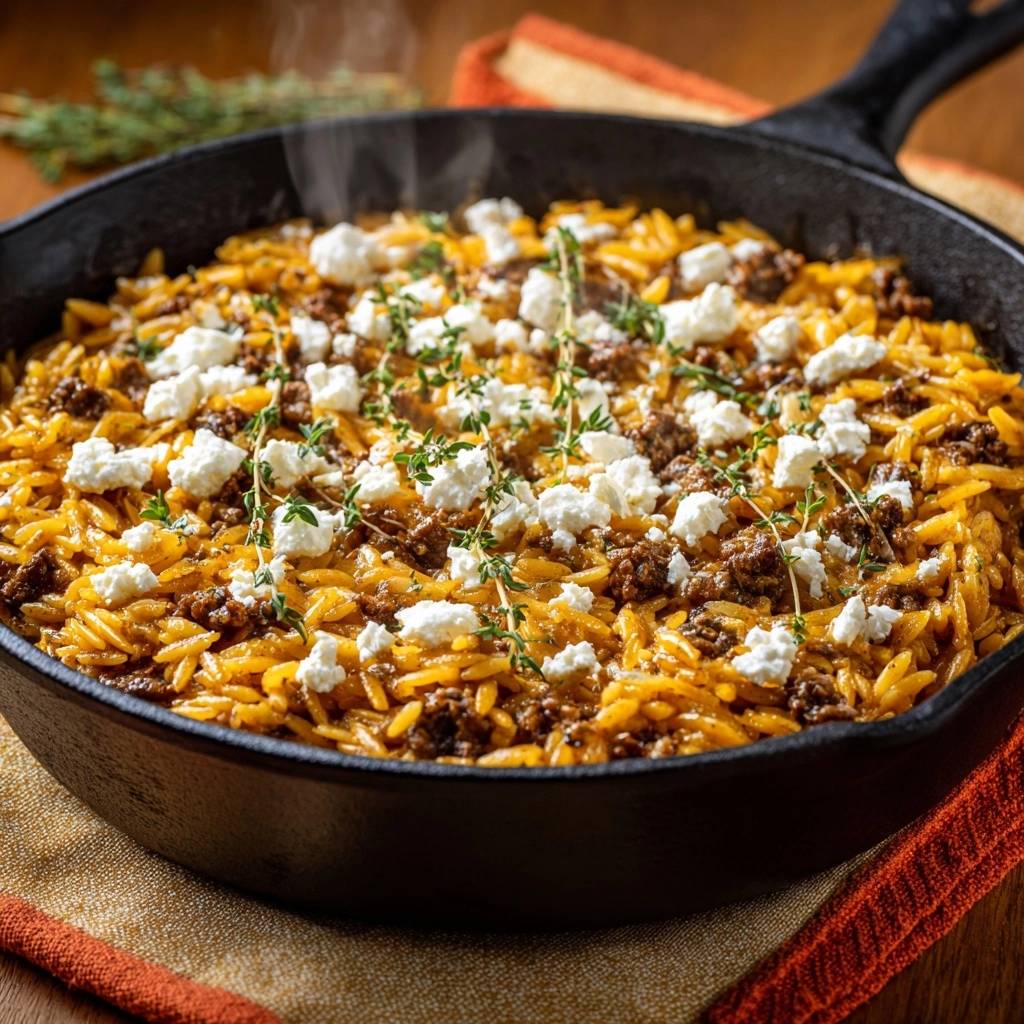 Rindfleisch Orzo Mit Feta Garniert 1 Rindfleisch-Orzo mit Feta und Thymian als Nahaufnahme mit dampfenden Aromen und frischer Garnitur.