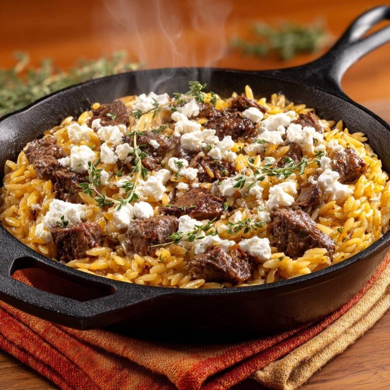 Rindfleisch-Orzo mit Feta und Thymian im Gusseisen serviert, mit Dampf, der aufsteigt.