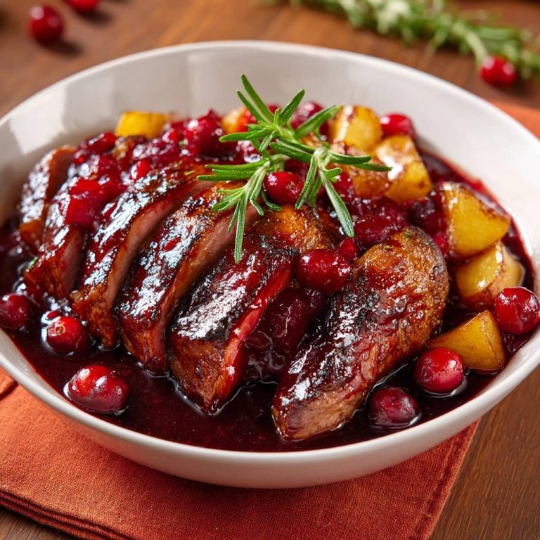 Saftiges Rindfleisch mit Preiselbeer-Ananas-Soße, angeschnitten und mit frischen Cranberries und Rosmarin garniert.
