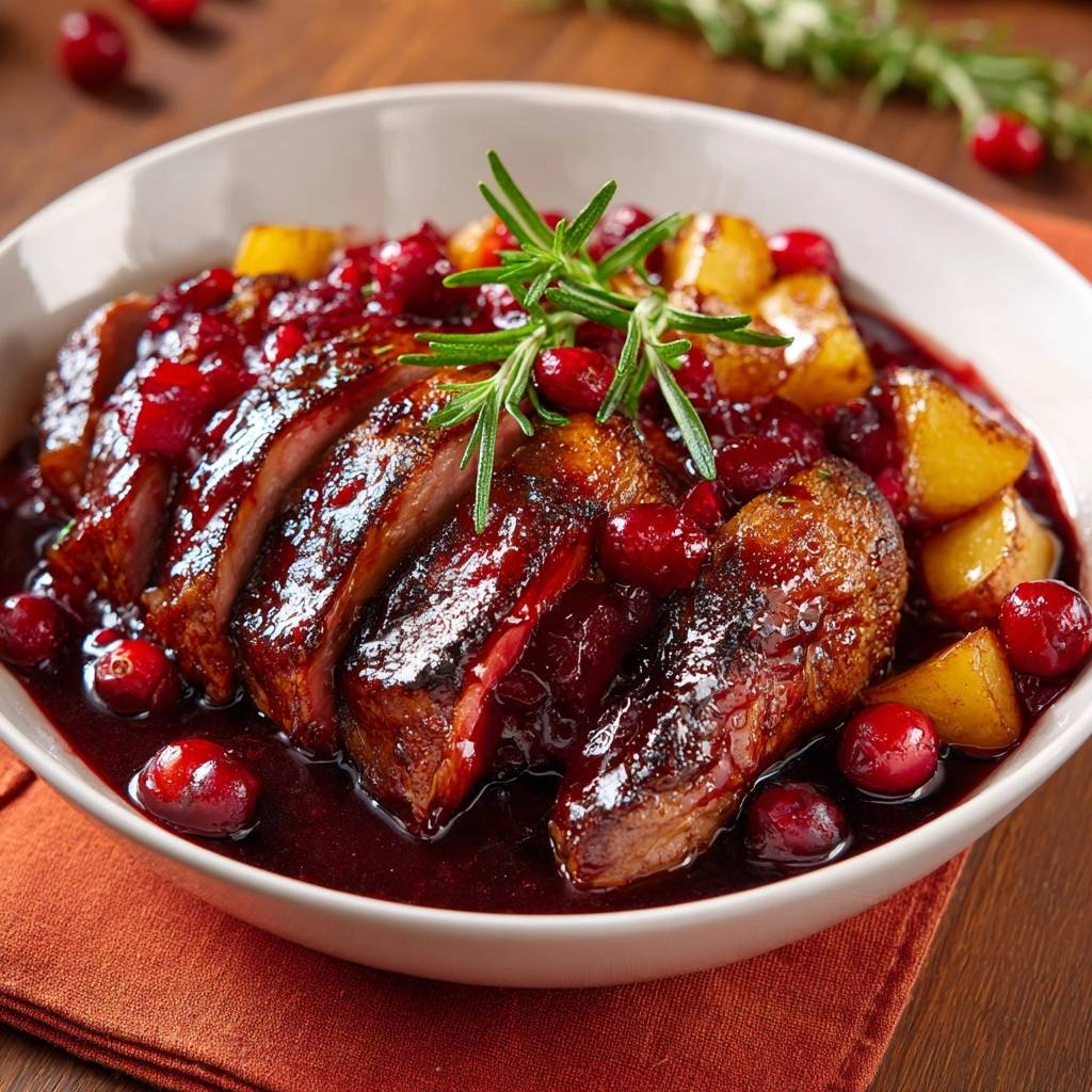 Saftiges Rindfleisch mit Preiselbeer-Ananas-Soße, angeschnitten und mit frischen Cranberries und Rosmarin garniert.